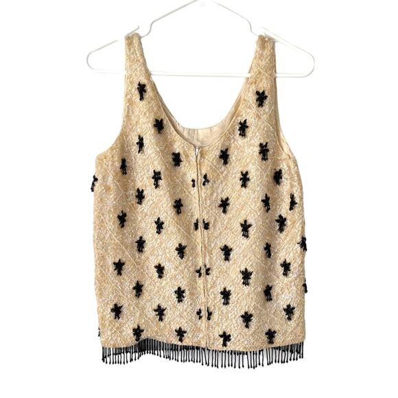 Vintage Ivory Cream Black Sequin Beaded Tank with Fringe Trim size medium - Picture 5 of 8